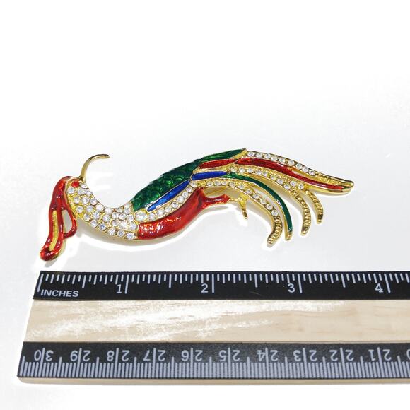 Vintage Large "Bird of Paradise" Brooch, Bright Enamel, Clear Rhinestones, 1990s - Picture 6 of 10